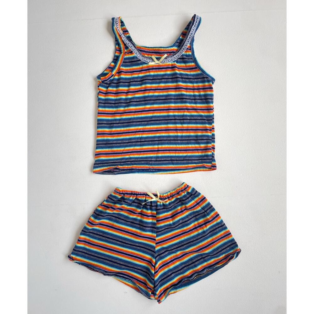 Vtg Rainbow Striped Handmade Two Piece Cami + Shorts Set S/M Retro Sleepwear